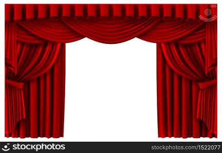 Red stage curtain. Realistic theater scene backdrop, cinema premiere portiere drapes, ruddy ceremony curtains vector template illustration. Red curtain to show premiere, stage realistic entrance. Red stage curtain. Realistic theater scene backdrop, cinema premiere portiere drapes, ruddy ceremony curtains vector template illustration