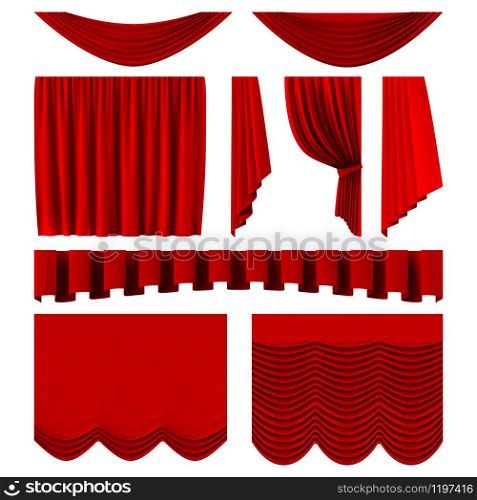 Red stage curtains. Realistic theater stage decoration, dramatic red luxurious curtains. Scarlet silk velvet curtains vector illustration set. Movie, cinema hall Interior decor. Red stage curtains. Realistic theater stage decoration, dramatic red luxurious curtains. Scarlet silk velvet curtains vector illustration set