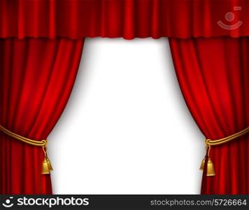 Red stage open theater velvet curtain with gold textile tassels isolated vector illustration