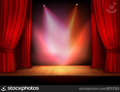 Red stage open theater velvet curtain with lights spots vector illustration