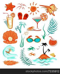 Red starfish, amazing shells, tasty cocktails, modern sunglasses, surfer catches wave, island with palms in sea and palm leaves vector illustrations.. Summer Holidays Themed Isolated Illustrations Set