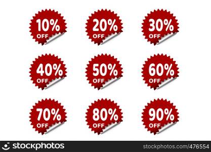 Red sticker tag set discounted 10-90 percent. vector on the white background.