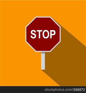 Red stop road sign icon. Flat illustration of stop road sign vector icon for web isolated on yellow background. Red stop road sign icon, flat style