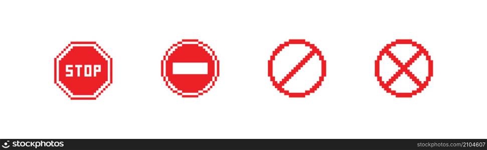 Red STOP sign pixel icon. 8 bit do not enter buttor. Road sign. Vector flat illustration