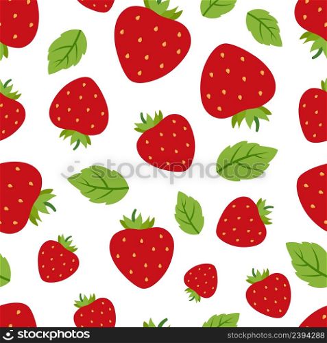 Red strawberries seamless pattern. Strawberry on white background and green leaves. Garden summer berry, sweet vitamins fruits vector. Red fruit pattern summer, strawberry wallpaper illustration. Red strawberries seamless pattern. Strawberry isolated on white background and green leaves. Garden summer berry, sweet vitamins fruits vector print