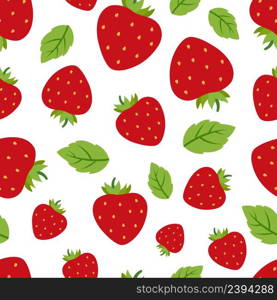 Red strawberries seamless pattern. Strawberry on white background and green leaves. Garden summer berry, sweet vitamins fruits vector. Red fruit pattern summer, strawberry wallpaper illustration. Red strawberries seamless pattern. Strawberry isolated on white background and green leaves. Garden summer berry, sweet vitamins fruits vector print