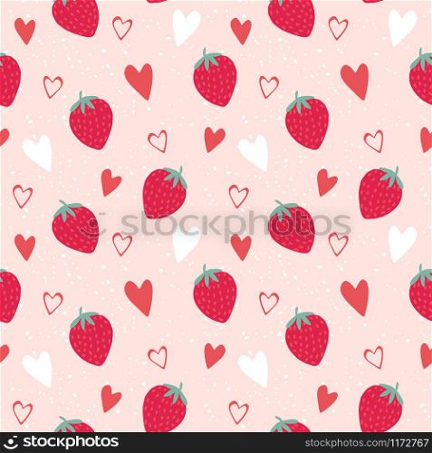 Red strawberry and heart seamless pattern. Fresh berry and pink heart