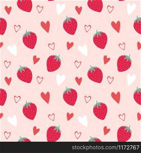 Red strawberry and heart seamless pattern. Fresh berry and pink heart