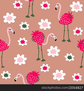 Red strawberry flamingo and flowers seamless pattern. Perfect for T-shirt, textile and print. Hand drawn vector illustration for decor and design.