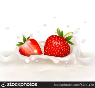 Red strawberry fruits falling into the milky splash. Vector illustration