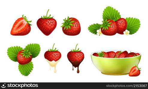 Red strawberry. Realistic berries, strawberries plants with leaf and flowers. Fresh farm raw food in bowl, sweet vegan eco vector set. Illustration red strawberry, food juicy, fresh delicious tasty. Red strawberry. Realistic berries, strawberries plants with leaf and flowers. Fresh farm raw food in bowl, isolated sweet vegan eco dessert product vector set