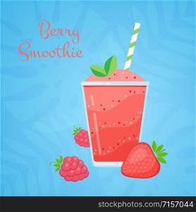 Red strawberry vegeterian smoothie cocktail vector illustration. Glass with layers of sweet vitamin juice cocktail or protein shake with couple strawberries for smoothies summer menu design template. Red strawberry vegeterian smoothie protein shake