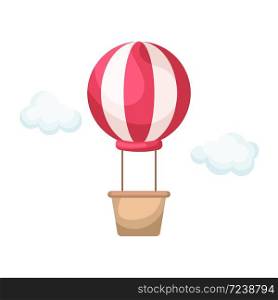 Red striped hot air-balloon with brown basket with white clouds for design of album, scrapbook, card and invitation. Flat cartoon colorful vector illustration isolated on white background.