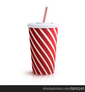 Red striped red striped paper glass with drinking straw isolated on white background vector illustration. Cola Striped Glass