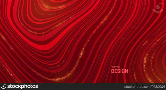 Red striped texture with golden glitters. Abstract marbling background. Vector illustration. Smooth fluid lines pattern. Modern poster design. Trendy cover with wavy red and gold lines. Red striped texture with golden glitters.