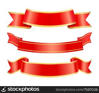 Red stripes with empty place vector, set of isolated banners for text with curved edges, graphic blank tapes made of silk, curly shapes with frames. Empty Ribbons, Red Banners for Messages Stripes