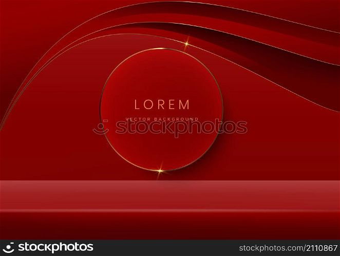 Red studio room background decor circle gold line and scence curve golden overlapping with copy space for display product, promotion display. Vector illustration