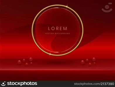 Red studio room background decor circle gold line and scence curve golden overlapping with copy space for display product, promotion display. Vector illustration
