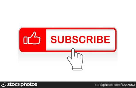 Red subscribe button with mouse pointer and notification bell icon flat in modern colour design concept on isolated white background. EPS 10 vector. Red subscribe button with mouse pointer and notification bell icon flat in modern colour design concept on isolated white background. EPS 10 vector.