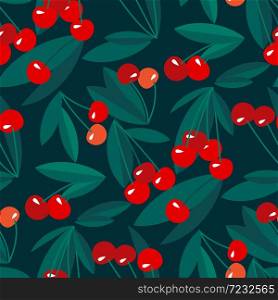 Red summer cherry on black background seamless pattern for background, fabric, textile, wrap, surface, web and print design. vector tile rapport