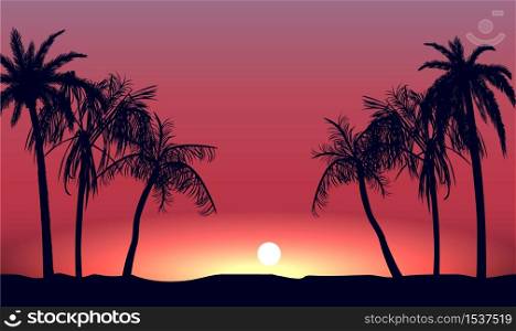 Red sunset and silhouettes of palm alley. Evening tropical beach on background setting sun beautiful paradise coast resort romantic lagoon with exotic vector .. Red sunset and silhouettes of palm alley. Evening tropical beach on background setting sun.