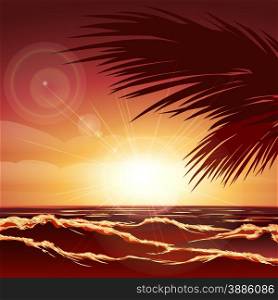 Red sunset over the sea. Waves, rays of light and palm trees.