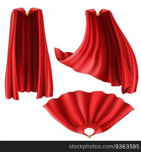 Red superhero cape, cloak with golden pin front and top view. Flying and fluttering on wind silk clothes for king, illusionist or vampire costume. Set of realistic mantle isolated on white background. Red superhero cape, mantle with golden pin