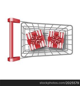 Red supermarket shopping cart with gift box on top view, vector illustration