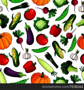 Red sweet bell peppers, tomatoes and pumpkins, ripe eggplants, cauliflowers and corn, zesty radishes and garlic, green peas, broccoli and bundles of asparagus vegetables seamless pattern background. Wholesome fresh vegetables seamless pattern