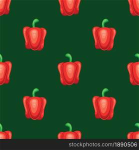 Red sweet pepper vegetables on green background seamless pattern. Vector illustration.