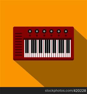 Red synthesizer icon. Flat illustration of red synthesizer vector icon for web isolated on yellow background. Red synthesizer icon, flat style