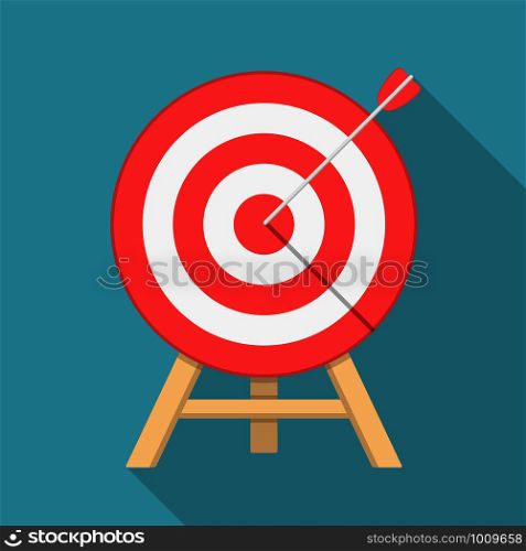 Red target with arrow, flat style, long shadow, vector eps10 illustration. Target