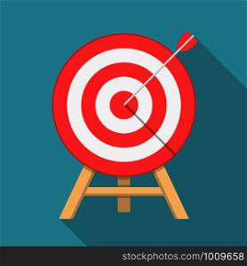 Red target with arrow, flat style, long shadow, vector eps10 illustration. Target