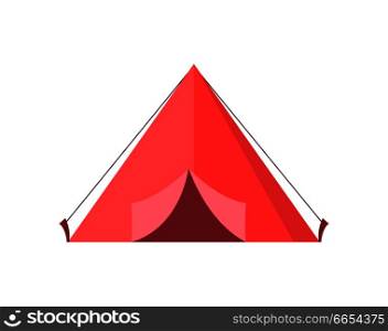 Red tent with open door vector illustration isolated on white. Touristic mobile house for camping, icon in flat style design. Red Tent with Open Door Vector Illustration