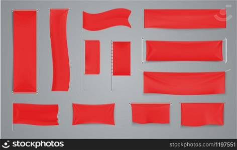 Red textile advertising banners. Waving fabric flag on metal rod. Vector collection realistic illustration waving banner for presentation or support in sport. Red textile advertising banners. Waving fabric flag. Vector realistic waving banner