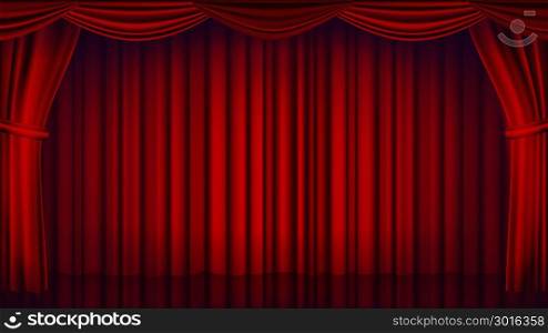 Red Theater Curtain Vector. Theater, Opera Or Cinema Closed Scene. Realistic Red Drapes Illustration. Red Theater Curtain Vector. Theater, Opera Or Cinema Empty Silk Stage, Red Scene. Realistic Illustration