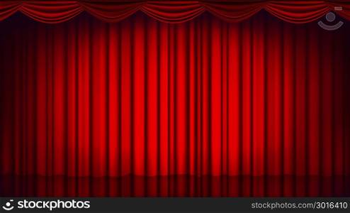Red Theater Curtain Vector. Theater, Opera Or Cinema Empty Silk Stage, Red Scene. Realistic Illustration. Red Theater Curtain Vector. Theater, Opera Or Cinema Closed Scene. Realistic Red Drapes Illustration