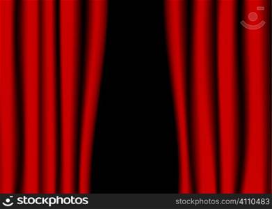 Red theater curtains partly open with black background