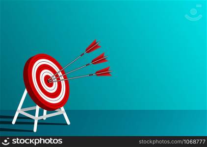 red three arrows darts in target circle. business success goal. on background blue. creative idea. leadership. cartoon vector illustration
