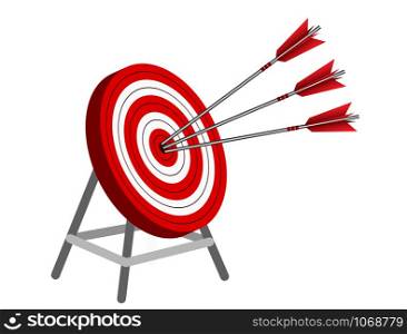 red three arrows darts in target circle. business success goal. on background white. creative idea. leadership. cartoon vector illustration