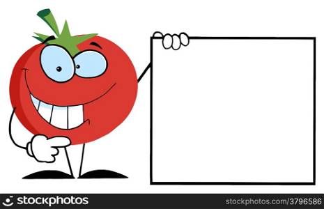 Red Tomato Cartoon Character Presenting A Blank Sign