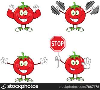 Red Tomato Cartoon Mascot Character Different Interactive Poses 3. Collection Set Isolated On White