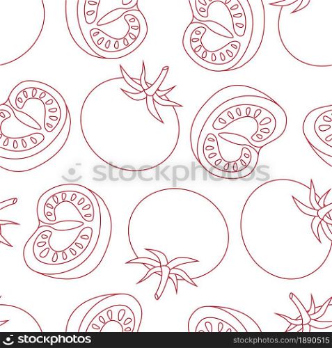 Red tomato fruit whole and half outline on white background seamless pattern. Vector illustration.
