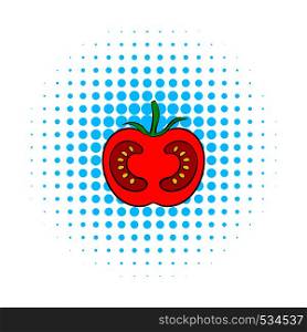 Red tomato icon in comics style on a white background. Red tomato icon, comics style