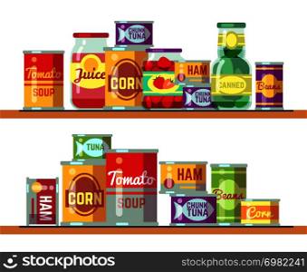 Red tomato soup and canned food vector illustration. Tomato tinned container product in shelf retail. Red tomato soup and canned food vector illustration