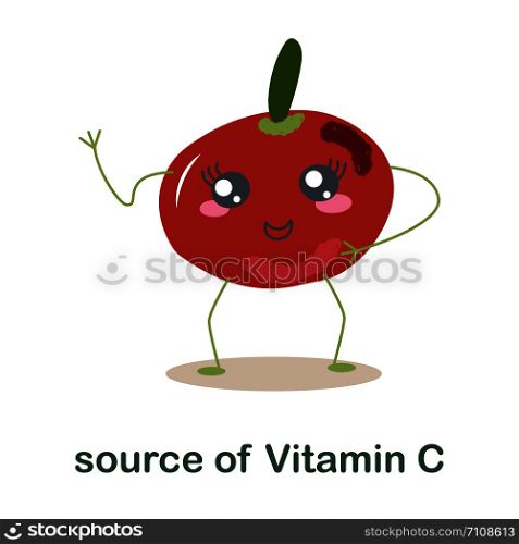 Red tomato with kawaii face and note source of Vitamn C. Flat cartoon style. vector illustration.. Cute red tomato with kawaii fac