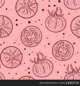 Red tomatoes hand drawn engraving seamless pattern. Vegetable sketch background vector illustration. Healthy organic food model. Template for packaging and product design. Red tomatoes hand drawn engraving seamless pattern