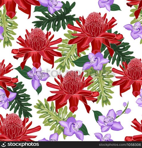 Red torch ginger seamless pattern with purple orchid on white background