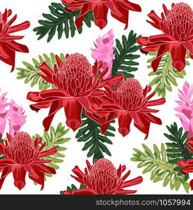 Red torch ginger seamless pattern with tropical leaves on white background