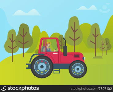 Red tractor on green meadow among trees and bushes. Vector rural transport, agriculture transportation item on lawn with green plants at forest. Red Tractor on Green Meadow Among Trees and Bushes